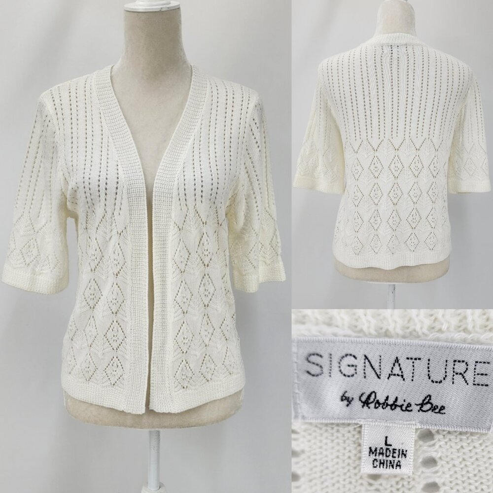 Robbie Bee Womens Large Ivory 100% Acrylic Crochet Open Front Cardigan Shrug Top